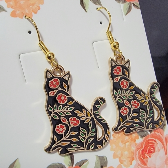 Gold-Tone Floral Black Cat Earrings - Picture 3 of 4